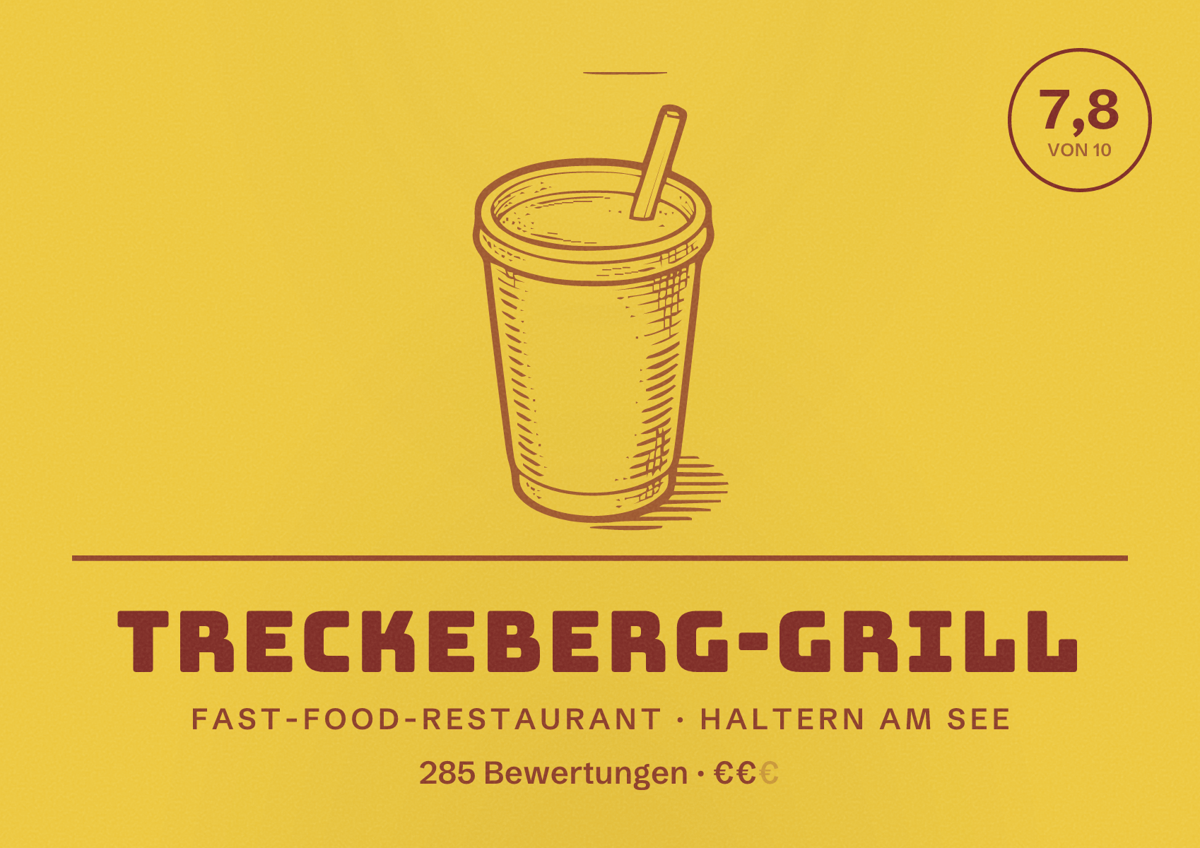 Illustriertes Poster von Treckeberg-Grill, Fast-Food-Restaurant in Haltern am See: Bewertung 7,8 von 10 aus 285 Bewertungen, Preisniveau €€