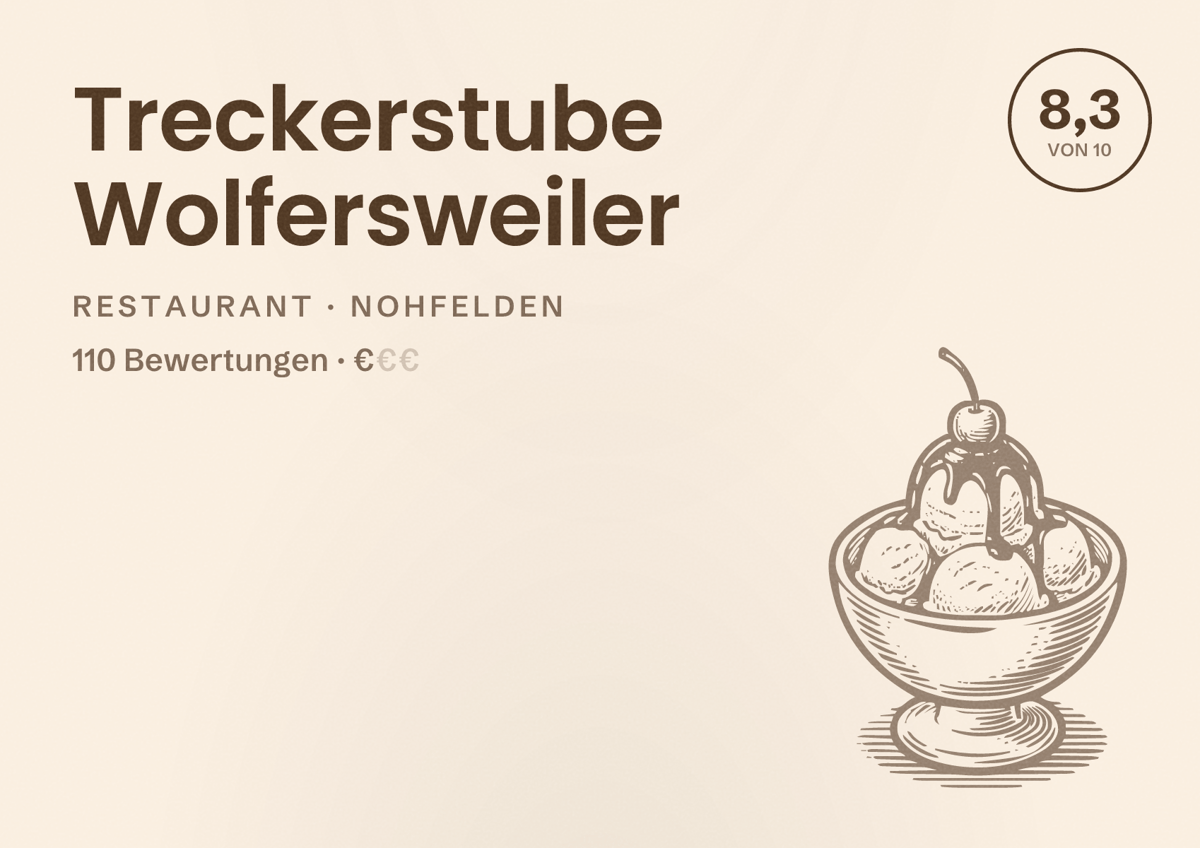 Illustriertes Poster von Treckerstube Wolfersweiler, Restaurant in Nohfelden: Bewertung 8,3 von 10 aus 110 Bewertungen, Preisniveau €
