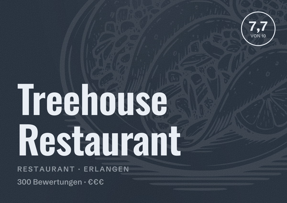 Illustriertes Poster von Treehouse Restaurant, Restaurant in Erlangen: Bewertung 7,7 von 10 aus 300 Bewertungen, Preisniveau €€€