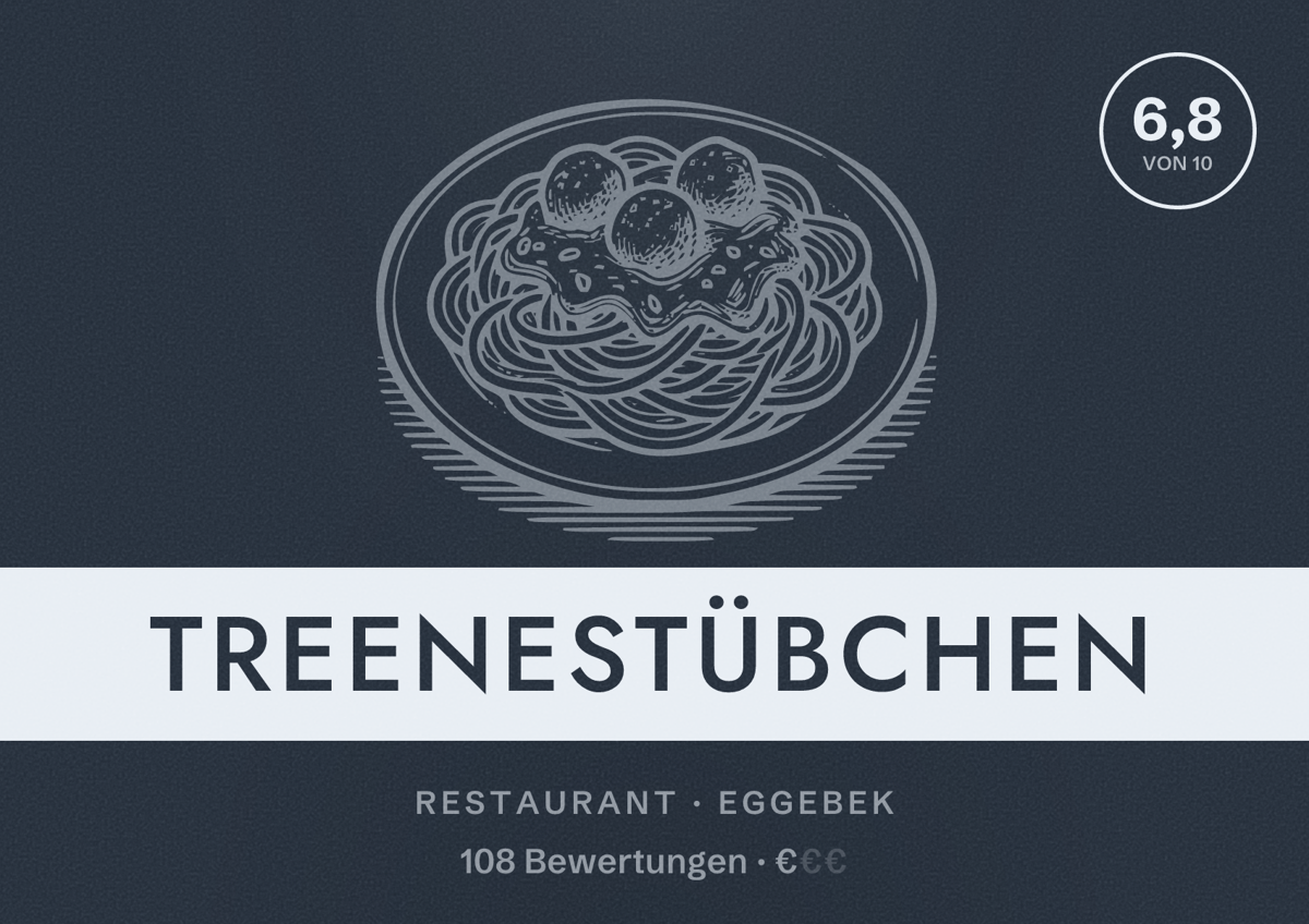 Illustriertes Poster von Treenestübchen, Restaurant in Eggebek: Bewertung 6,8 von 10 aus 108 Bewertungen, Preisniveau €