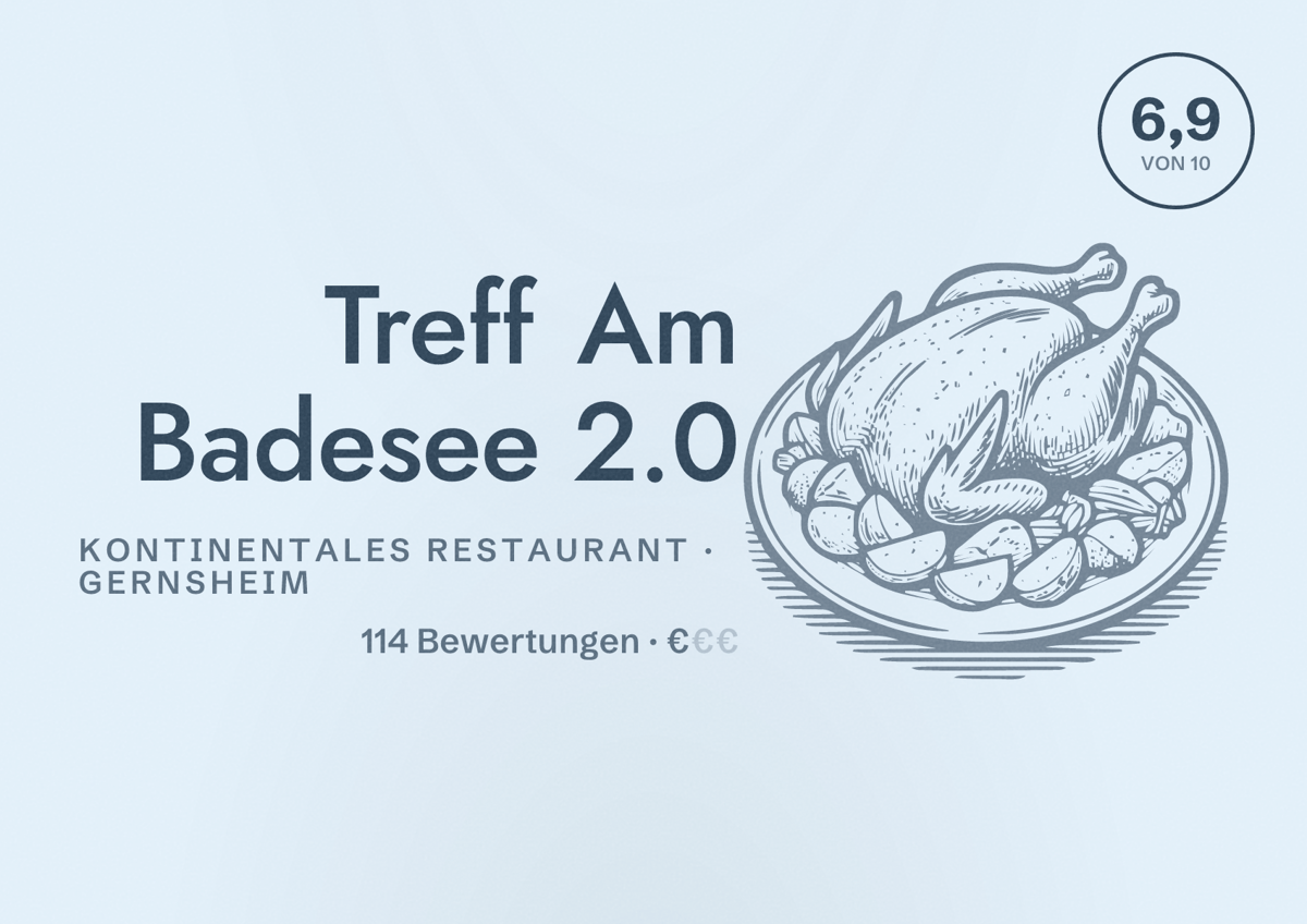 Illustriertes Poster von Treff Am Badesee 2.0, Kontinentales Restaurant in Gernsheim: Bewertung 6,9 von 10 aus 114 Bewertungen, Preisniveau €