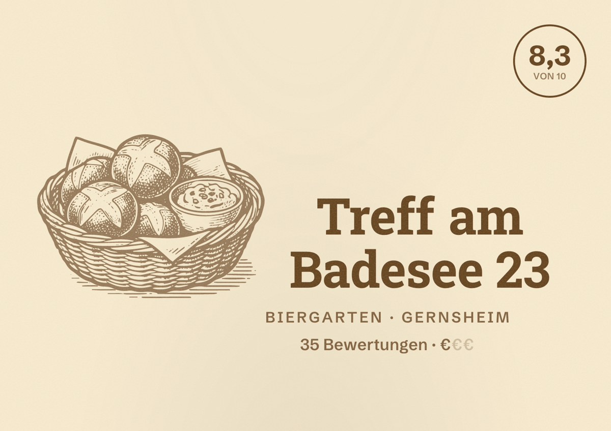 Illustriertes Poster von Treff am Badesee 23, Biergarten in Gernsheim: Bewertung 8,3 von 10 aus 35 Bewertungen, Preisniveau €