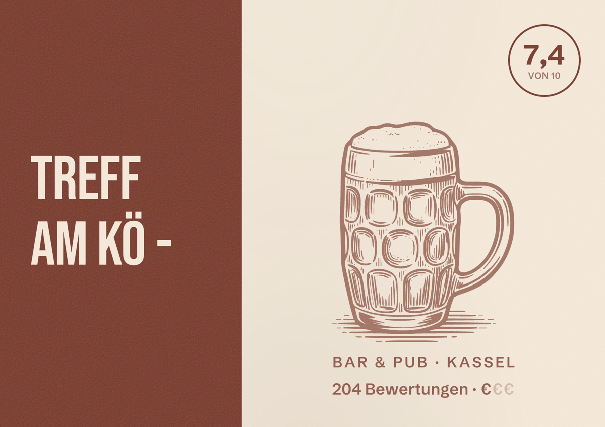 Illustriertes Poster von Treff am Kö -, Bar & Pub in Kassel: Bewertung 7,4 von 10 aus 204 Bewertungen, Preisniveau €