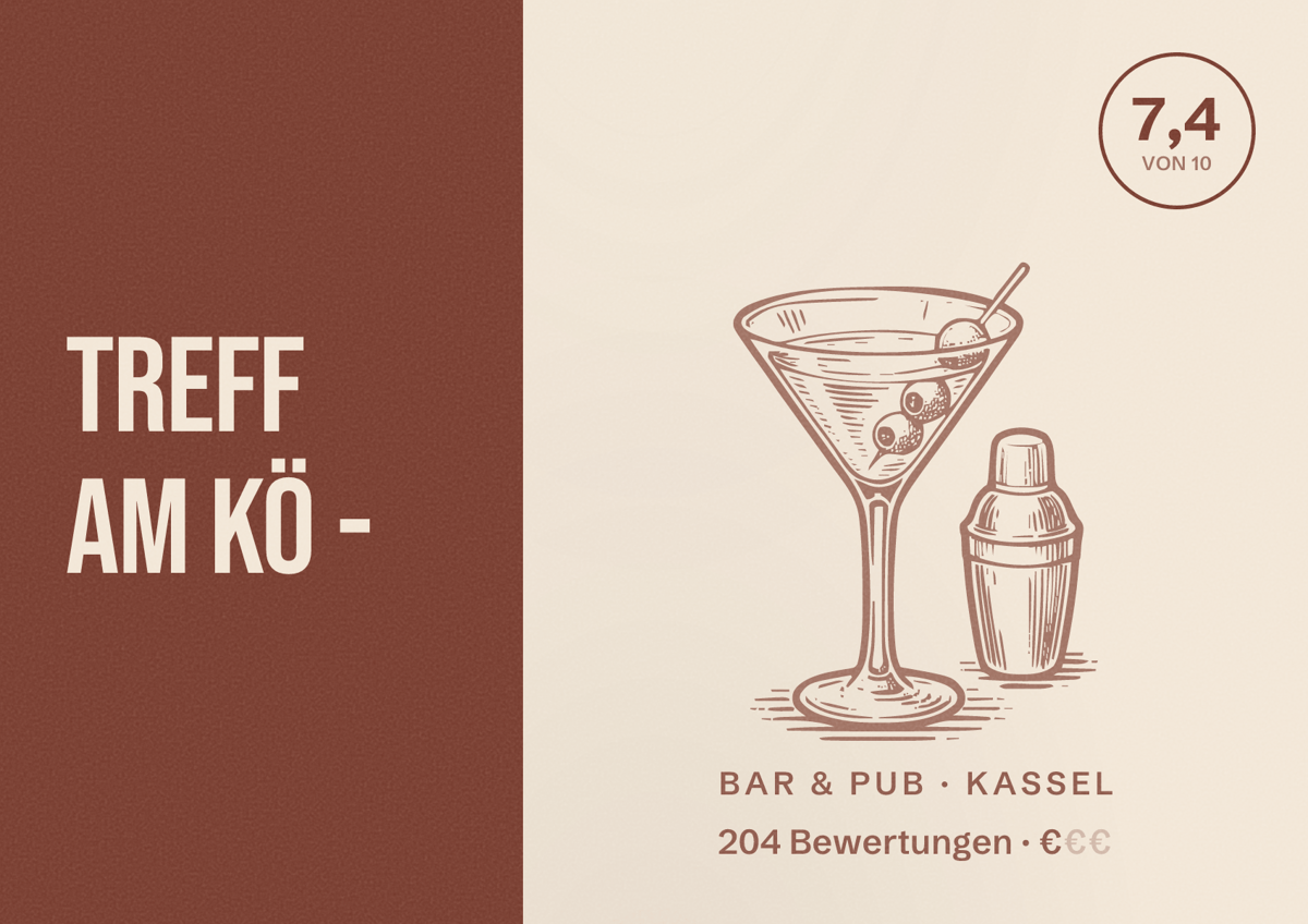 Illustriertes Poster von Treff am Kö -, Bar & Pub in Kassel: Bewertung 7,4 von 10 aus 204 Bewertungen, Preisniveau €