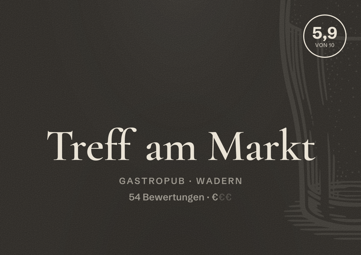 Illustriertes Poster von Treff am Markt, Gastropub in Wadern: Bewertung 5,9 von 10 aus 54 Bewertungen, Preisniveau €