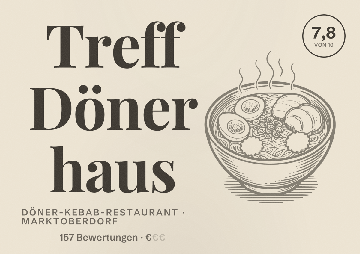 Illustriertes Poster von Treff Döner haus, Döner-Kebab-Restaurant in Marktoberdorf: Bewertung 7,8 von 10 aus 157 Bewertungen, Preisniveau €