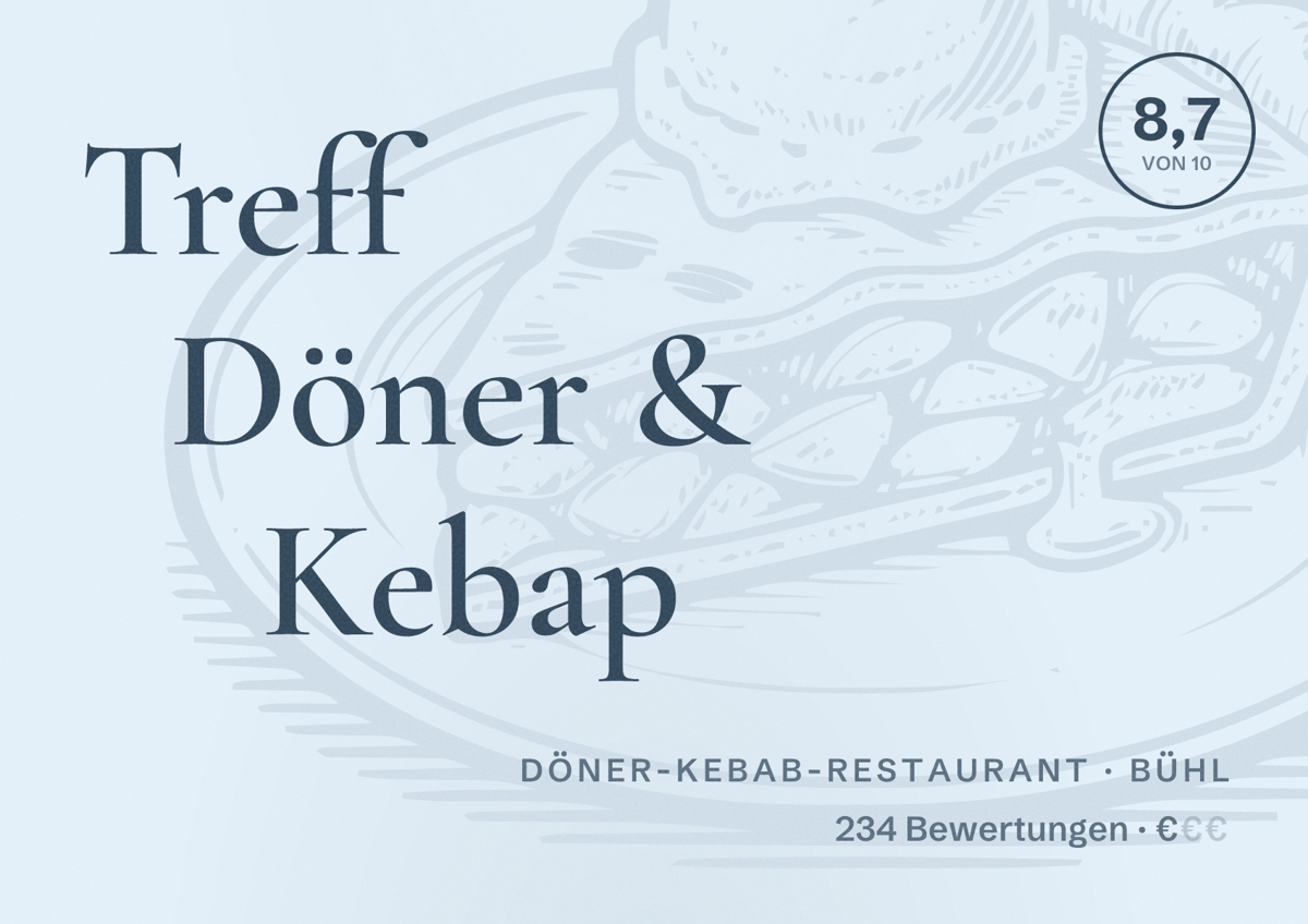 Illustriertes Poster von Treff Döner & Kebap, Döner-Kebab-Restaurant in Bühl: Bewertung 8,7 von 10 aus 234 Bewertungen, Preisniveau €