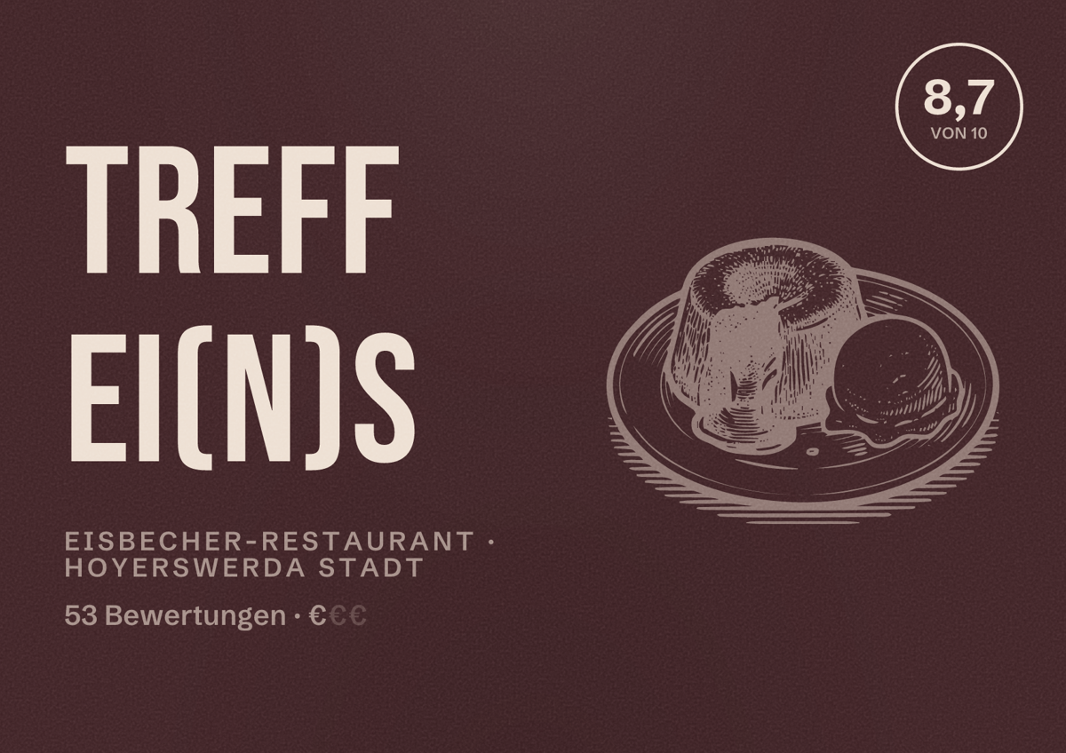 Illustriertes Poster von Treff Ei(n)s, Eisbecher-Restaurant in Hoyerswerda Stadt: Bewertung 8,7 von 10 aus 53 Bewertungen, Preisniveau €