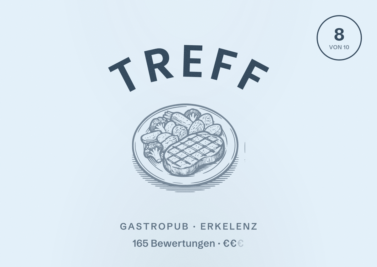 Illustriertes Poster von Treff, Gastropub in Erkelenz: Bewertung 8 von 10 aus 165 Bewertungen, Preisniveau €€