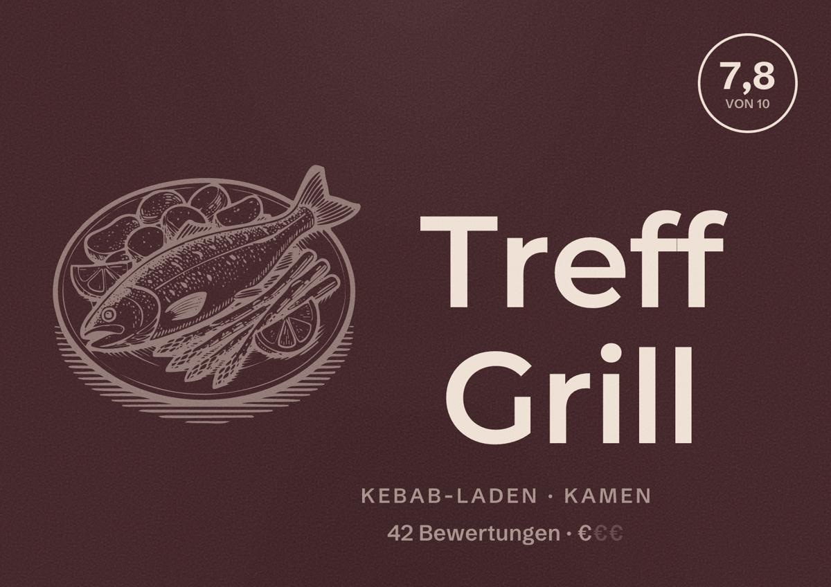 Illustriertes Poster von Treff Grill, Kebab-Laden in Kamen: Bewertung 7,8 von 10 aus 42 Bewertungen, Preisniveau €
