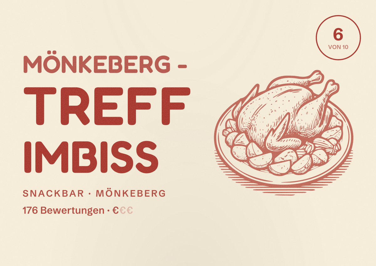 Illustriertes Poster von Mönkeberg - Treff Imbiss, Snackbar in Mönkeberg: Bewertung 6 von 10 aus 176 Bewertungen, Preisniveau €