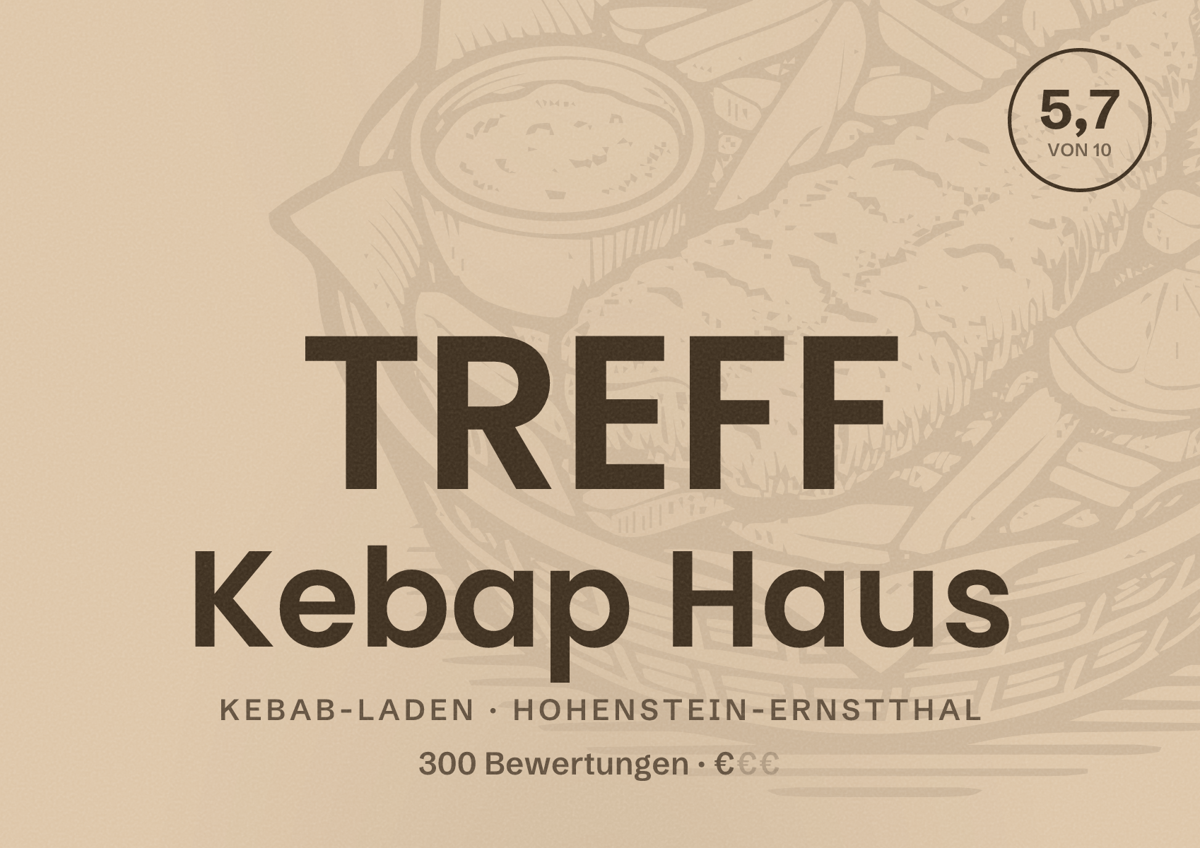 Illustriertes Poster von TREFF Kebap Haus, Kebab-Laden in Hohenstein-Ernstthal: Bewertung 5,7 von 10 aus 300 Bewertungen, Preisniveau €