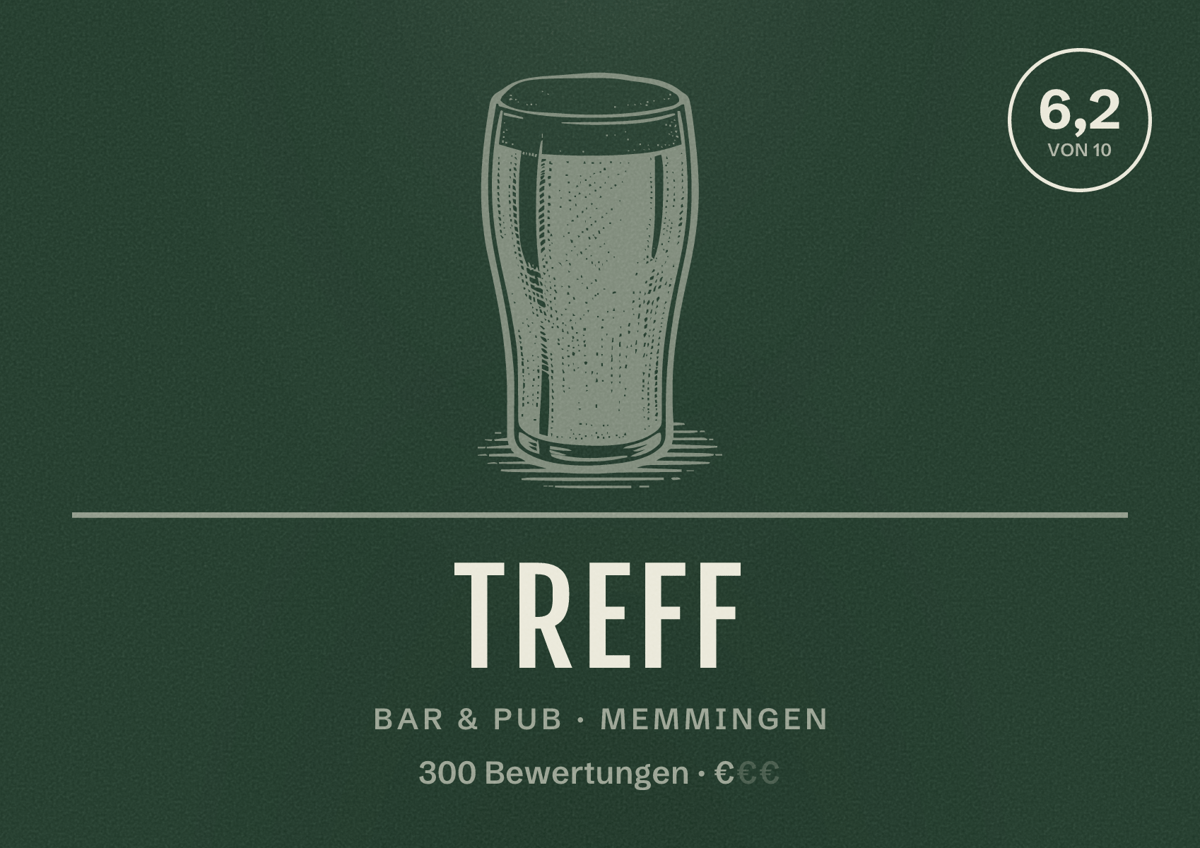Illustriertes Poster von Treff, Bar & Pub in Memmingen: Bewertung 6,2 von 10 aus 300 Bewertungen, Preisniveau €