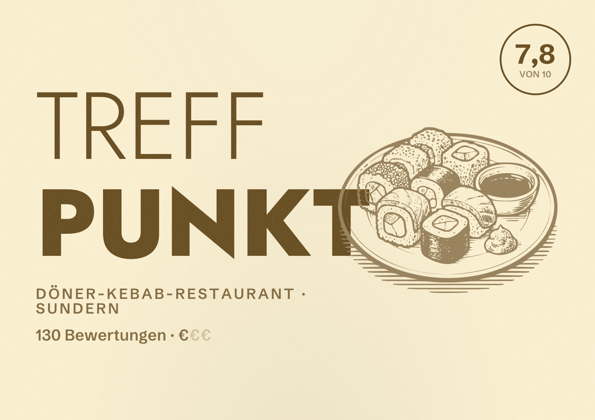 Illustriertes Poster von TREFF PUNKT, Döner-Kebab-Restaurant in Sundern: Bewertung 7,8 von 10 aus 130 Bewertungen, Preisniveau €