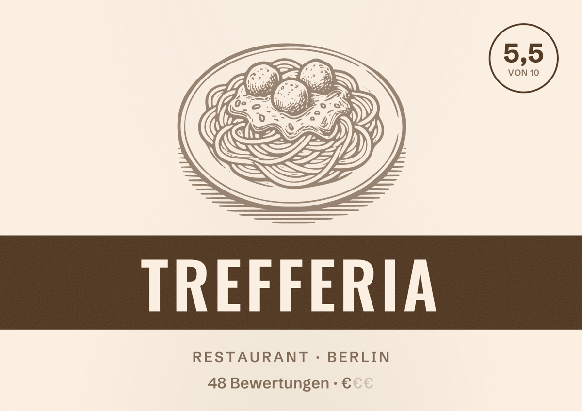 Illustriertes Poster von Trefferia, Restaurant in Berlin: Bewertung 5,5 von 10 aus 48 Bewertungen, Preisniveau €