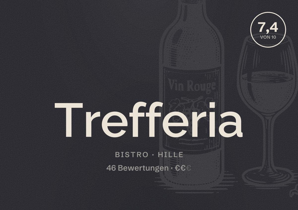Illustriertes Poster von Trefferia, Bistro in Hille: Bewertung 7,4 von 10 aus 46 Bewertungen, Preisniveau €€