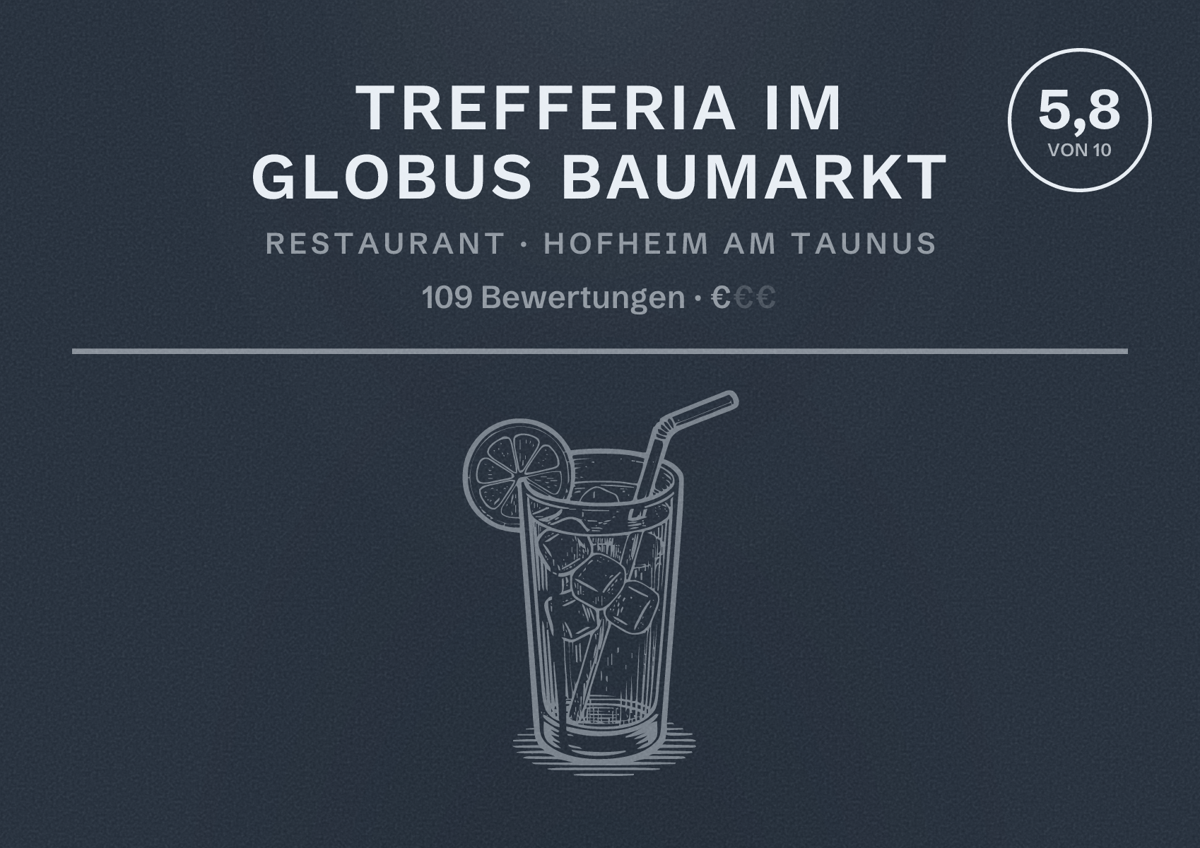 Illustriertes Poster von Trefferia im Globus Baumarkt, Restaurant in Hofheim am Taunus: Bewertung 5,8 von 10 aus 109 Bewertungen, Preisniveau €