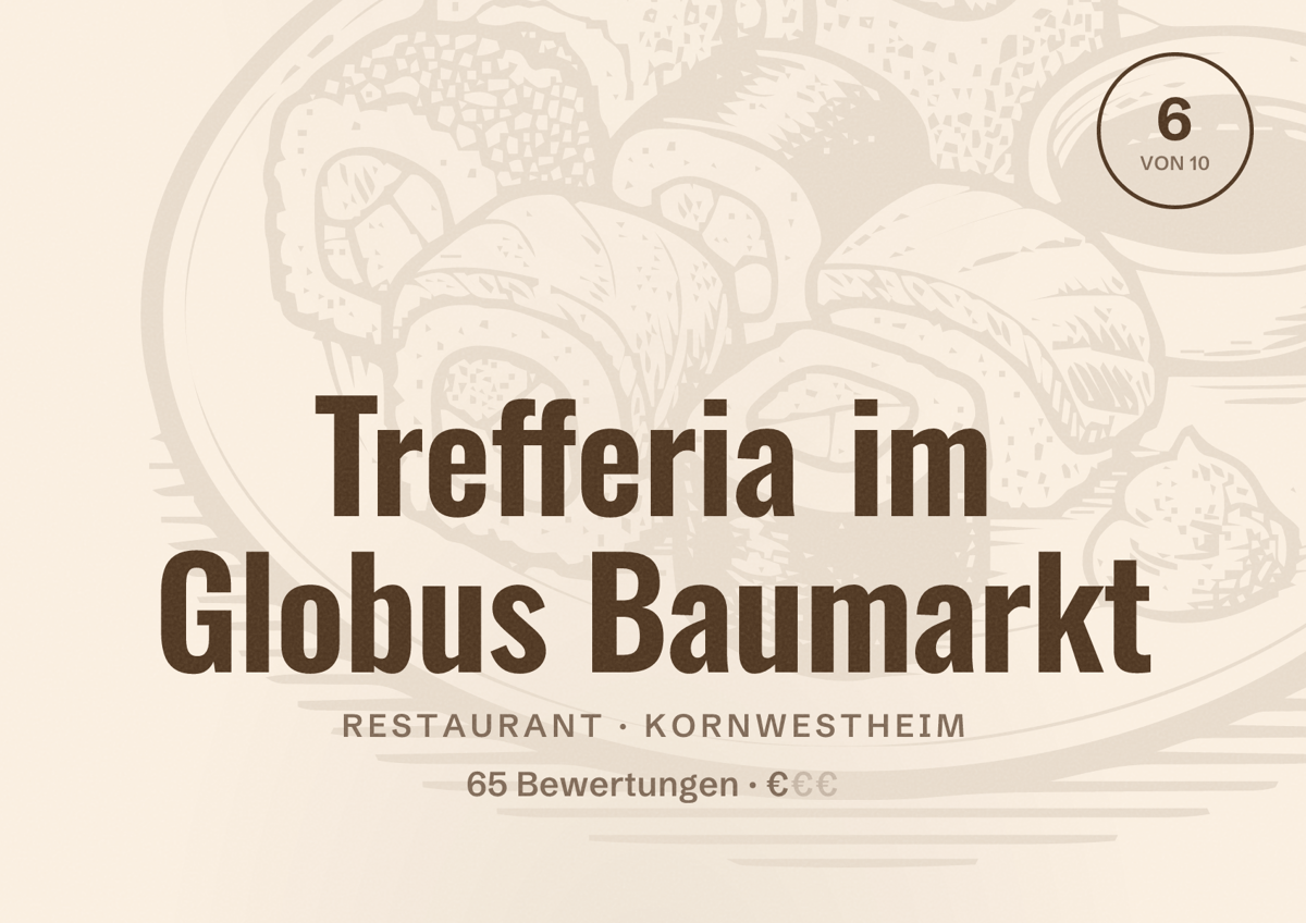 Illustriertes Poster von Trefferia im Globus Baumarkt, Restaurant in Kornwestheim: Bewertung 6 von 10 aus 65 Bewertungen, Preisniveau €