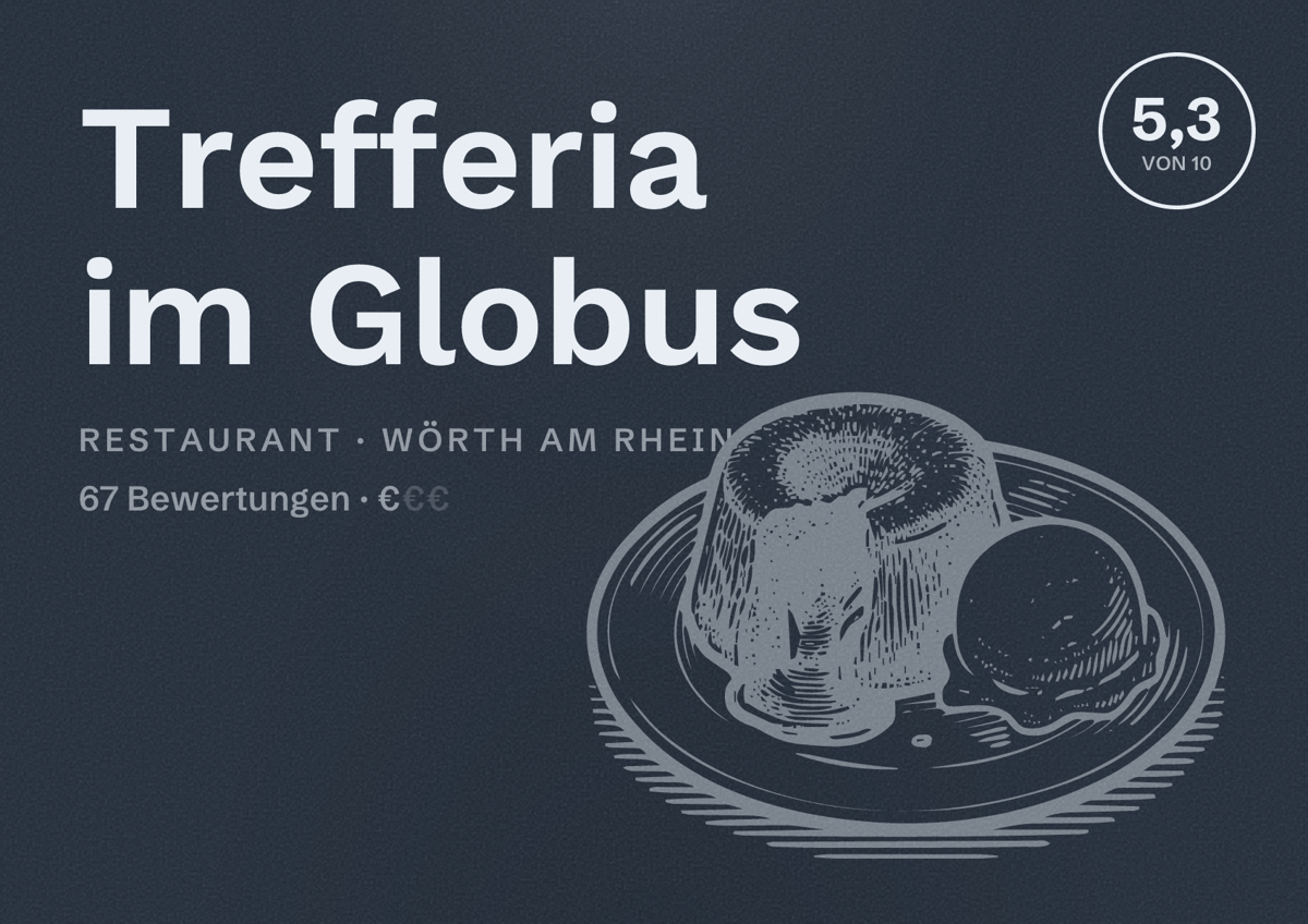 Illustriertes Poster von Trefferia im Globus, Restaurant in Wörth am Rhein: Bewertung 5,3 von 10 aus 67 Bewertungen, Preisniveau €