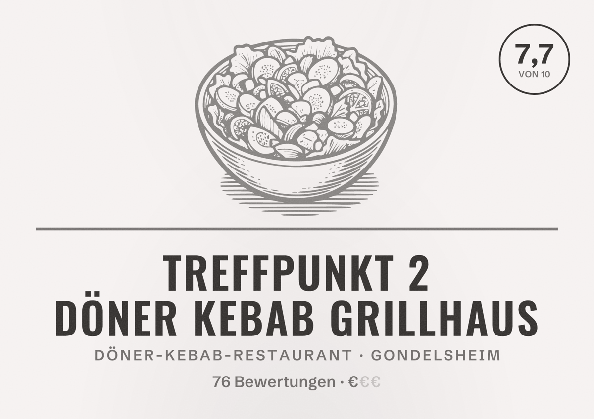 Illustriertes Poster von Treffpunkt 2 Döner Kebab Grillhaus, Döner-Kebab-Restaurant in Gondelsheim: Bewertung 7,7 von 10 aus 76 Bewertungen, Preisniveau €