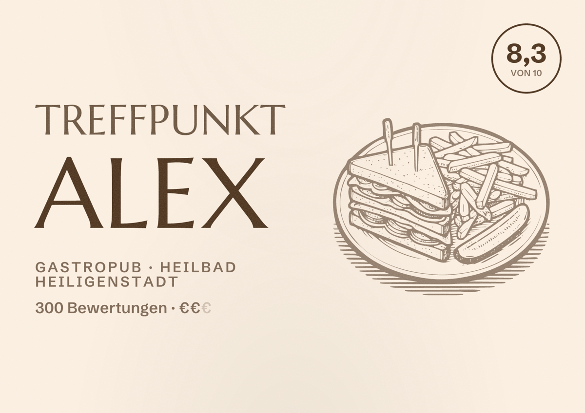 Illustriertes Poster von Treffpunkt Alex, Gastropub in Heilbad Heiligenstadt: Bewertung 8,3 von 10 aus 300 Bewertungen, Preisniveau €€