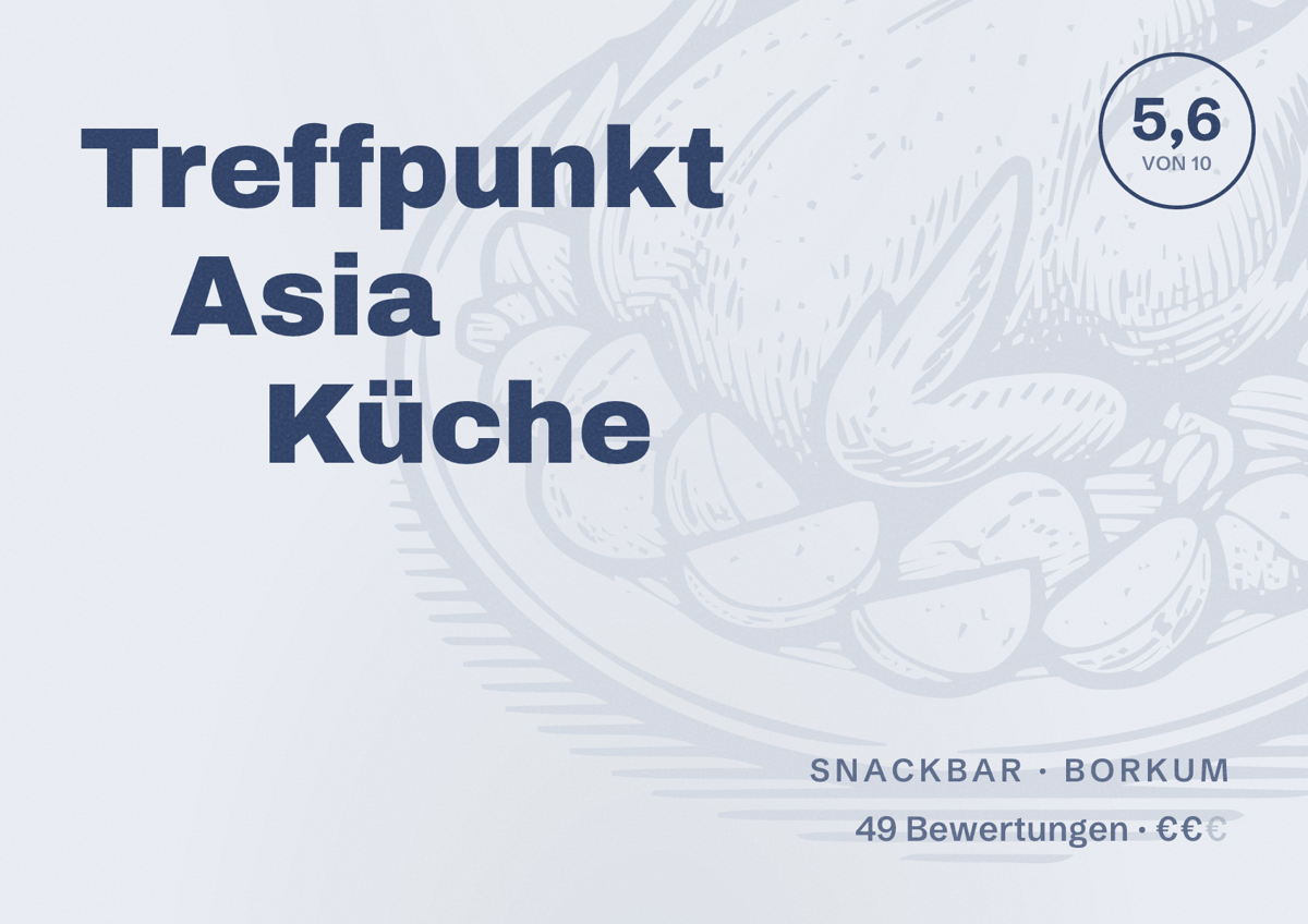 Illustriertes Poster von Treffpunkt Asia Küche, Snackbar in Borkum: Bewertung 5,6 von 10 aus 49 Bewertungen, Preisniveau €€