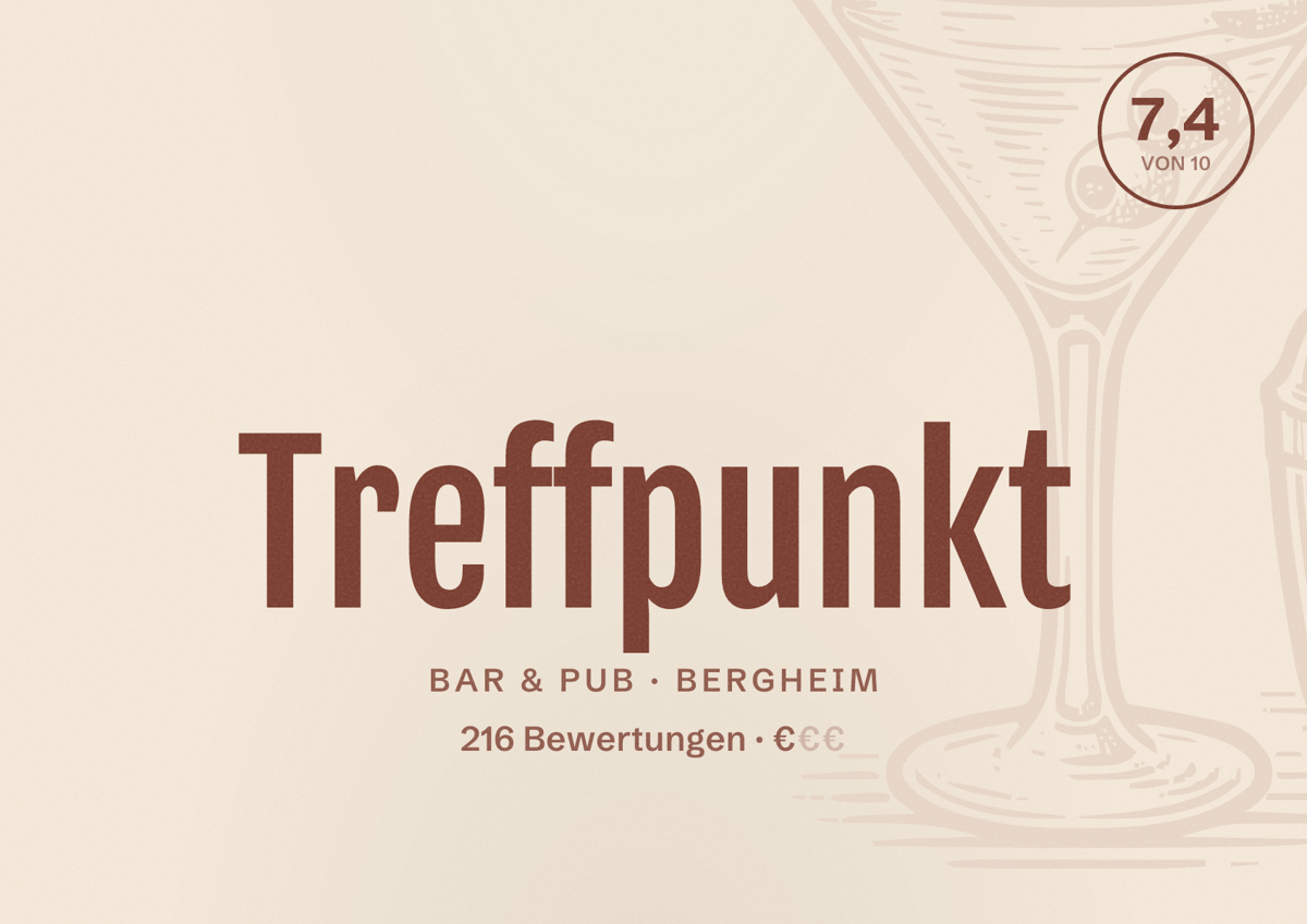 Illustriertes Poster von Treffpunkt, Bar & Pub in Bergheim: Bewertung 7,4 von 10 aus 216 Bewertungen, Preisniveau €