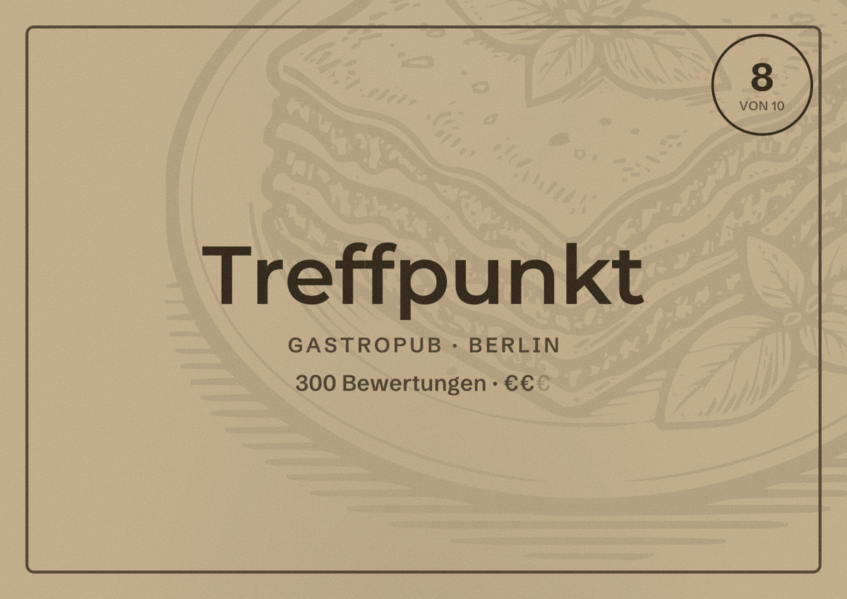 Illustriertes Poster von Treffpunkt, Gastropub in Berlin: Bewertung 8,0 von 10 aus 300 Bewertungen, Preisniveau €€
