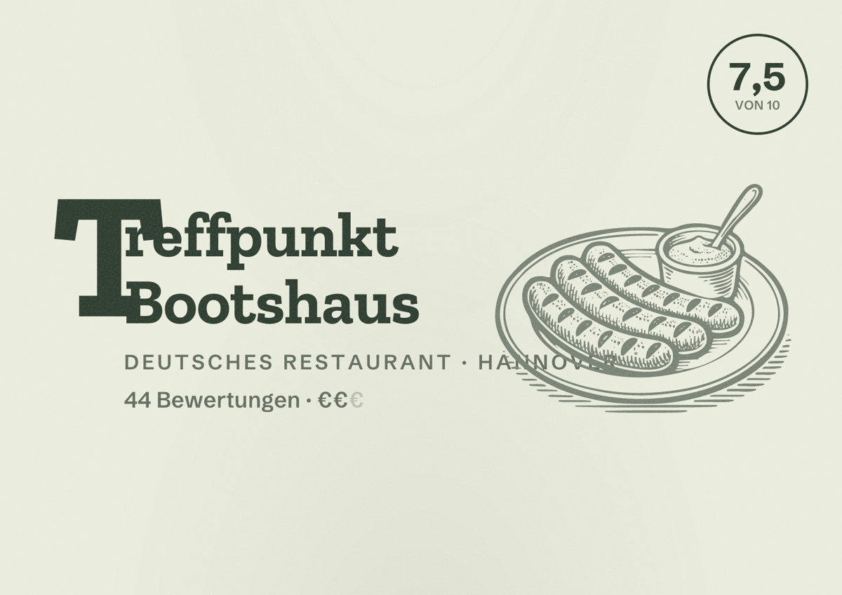 Illustriertes Poster von Treffpunkt Bootshaus, Deutsches Restaurant in Hannover: Bewertung 7,5 von 10 aus 44 Bewertungen, Preisniveau €€
