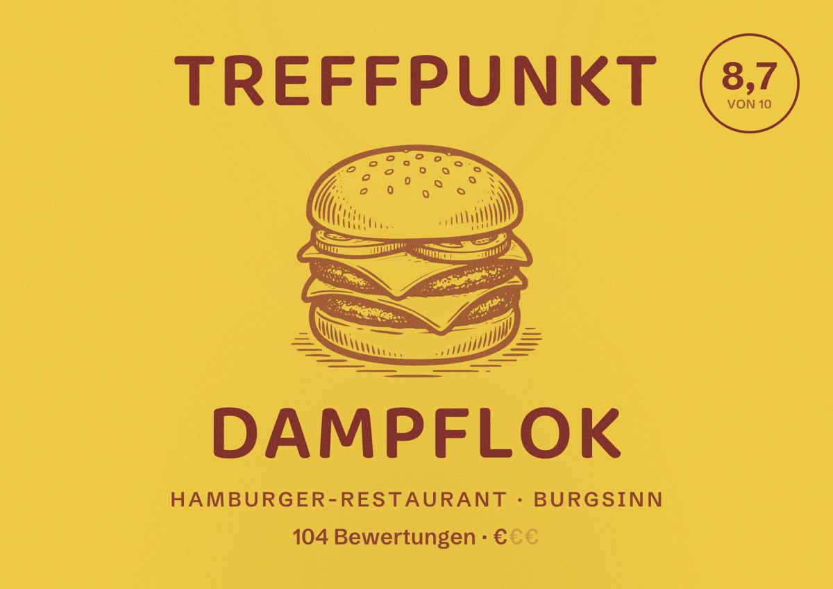 Illustriertes Poster von Treffpunkt Dampflok, Hamburger-Restaurant in Burgsinn: Bewertung 8,7 von 10 aus 104 Bewertungen, Preisniveau €