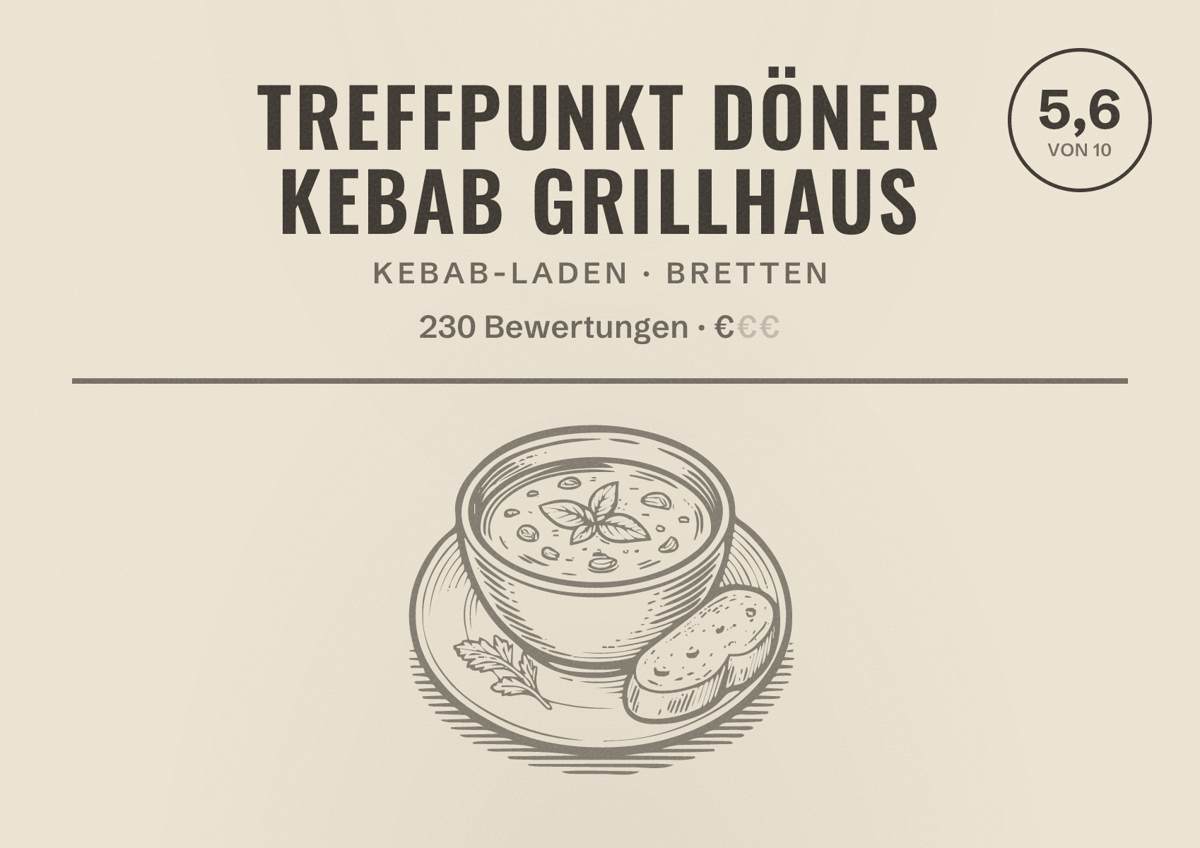 Illustriertes Poster von Treffpunkt Döner Kebab Grillhaus, Kebab-Laden in Bretten: Bewertung 5,6 von 10 aus 230 Bewertungen, Preisniveau €