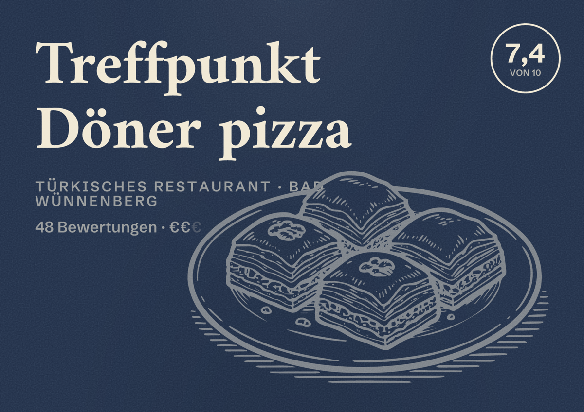 Illustriertes Poster von Treffpunkt Döner pizza, Türkisches Restaurant in Bad Wünnenberg: Bewertung 7,4 von 10 aus 48 Bewertungen, Preisniveau €€