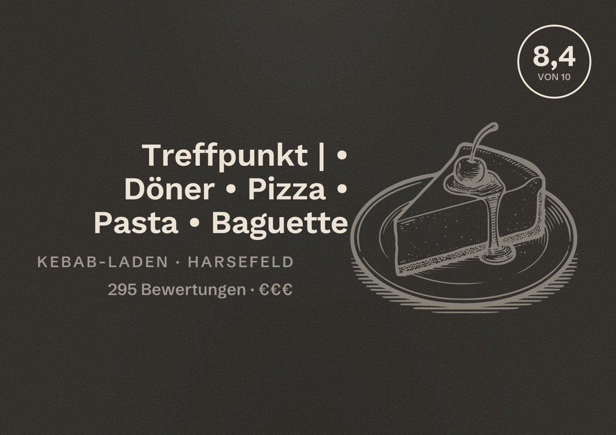 Illustriertes Poster von Treffpunkt | • Döner • Pizza • Pasta • Baguette, Kebab-Laden in Harsefeld: Bewertung 8,4 von 10 aus 295 Bewertungen, Preisniveau €€€