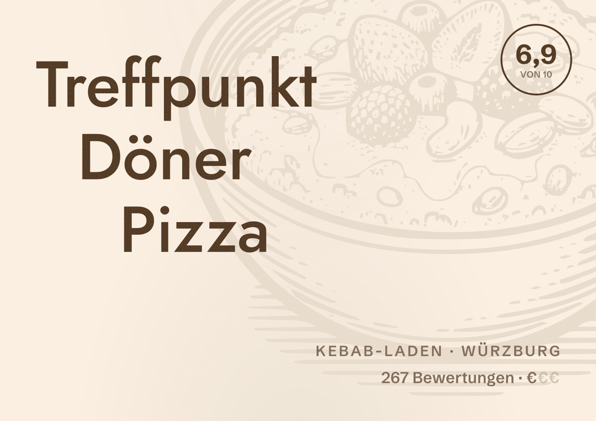 Illustriertes Poster von Treffpunkt Döner Pizza, Kebab-Laden in Würzburg: Bewertung 6,9 von 10 aus 267 Bewertungen, Preisniveau €
