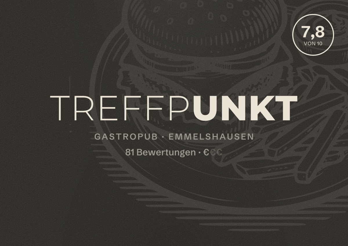 Illustriertes Poster von TREFFPUNKT, Gastropub in Emmelshausen: Bewertung 7,8 von 10 aus 81 Bewertungen, Preisniveau €