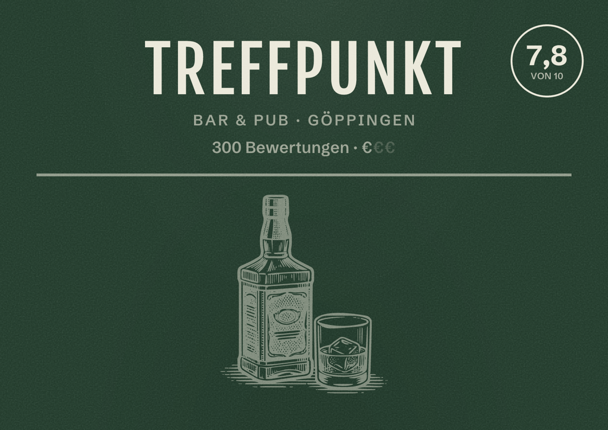 Illustriertes Poster von Treffpunkt, Bar & Pub in Göppingen: Bewertung 7,8 von 10 aus 300 Bewertungen, Preisniveau €
