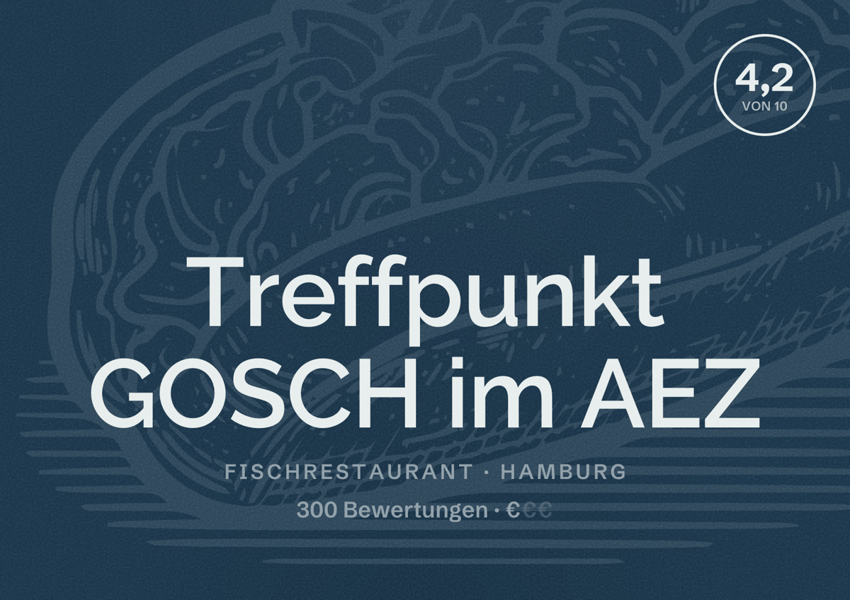 Illustriertes Poster von Treffpunkt GOSCH im AEZ, Fischrestaurant in Hamburg: Bewertung 4,2 von 10 aus 300 Bewertungen, Preisniveau €