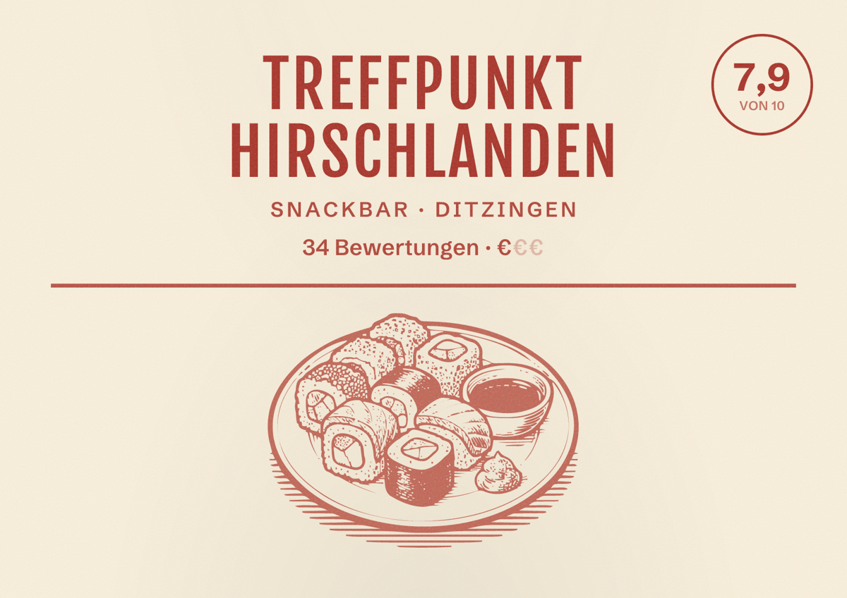 Illustriertes Poster von Treffpunkt Hirschlanden, Snackbar in Ditzingen: Bewertung 7,9 von 10 aus 34 Bewertungen, Preisniveau €
