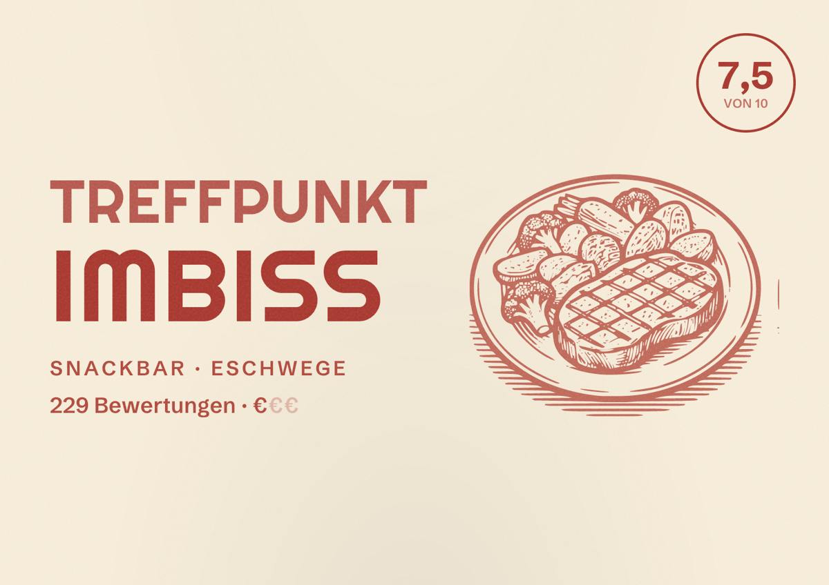 Illustriertes Poster von Treffpunkt Imbiss, Snackbar in Eschwege: Bewertung 7,5 von 10 aus 229 Bewertungen, Preisniveau €