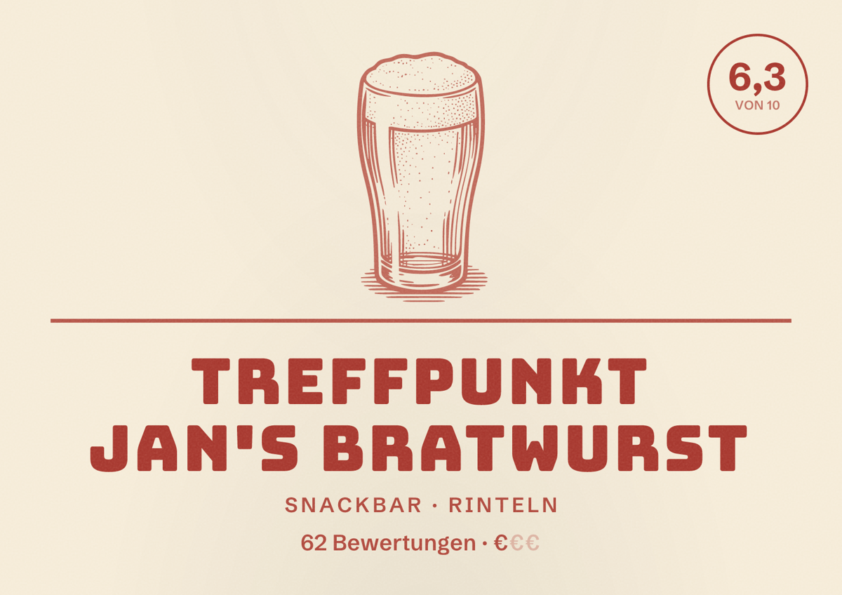 Illustriertes Poster von Treffpunkt Jan's Bratwurst, Snackbar in Rinteln: Bewertung 6,3 von 10 aus 62 Bewertungen, Preisniveau €