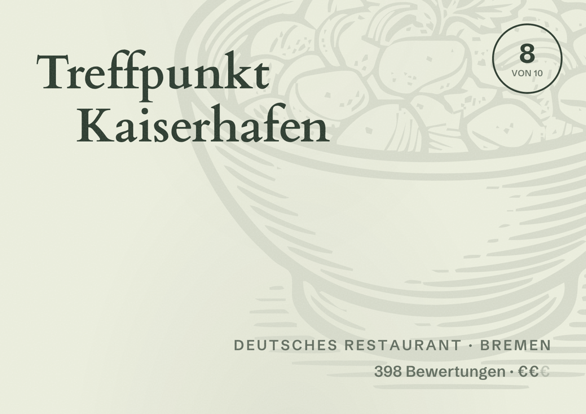 Illustriertes Poster von Treffpunkt Kaiserhafen, Deutsches Restaurant in Bremen: Bewertung 8 von 10 aus 398 Bewertungen, Preisniveau €€