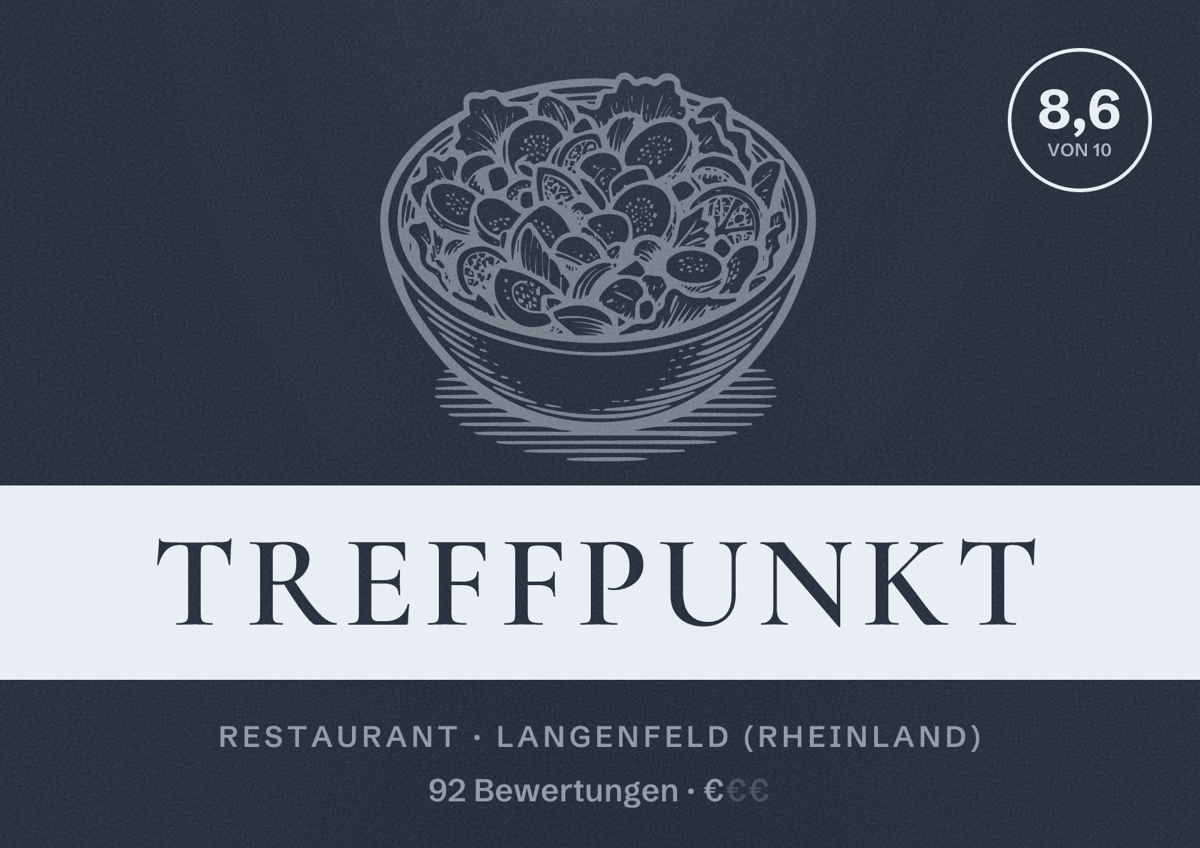 Illustriertes Poster von Treffpunkt, Restaurant in Langenfeld (Rheinland): Bewertung 8,6 von 10 aus 92 Bewertungen, Preisniveau €