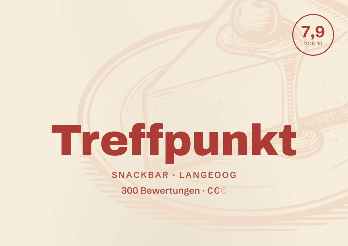 Illustriertes Poster von Treffpunkt, Snackbar in Langeoog: Bewertung 7,9 von 10 aus 300 Bewertungen, Preisniveau €€