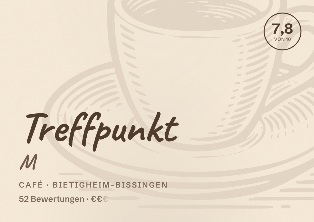 Illustriertes Poster von Treffpunkt M, Café in Bietigheim-Bissingen: Bewertung 7,8 von 10 aus 52 Bewertungen, Preisniveau €€