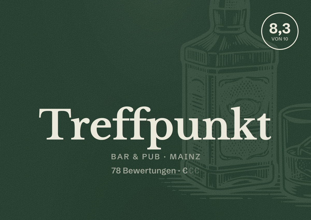 Illustriertes Poster von Treffpunkt, Bar & Pub in Mainz: Bewertung 8,3 von 10 aus 78 Bewertungen, Preisniveau €