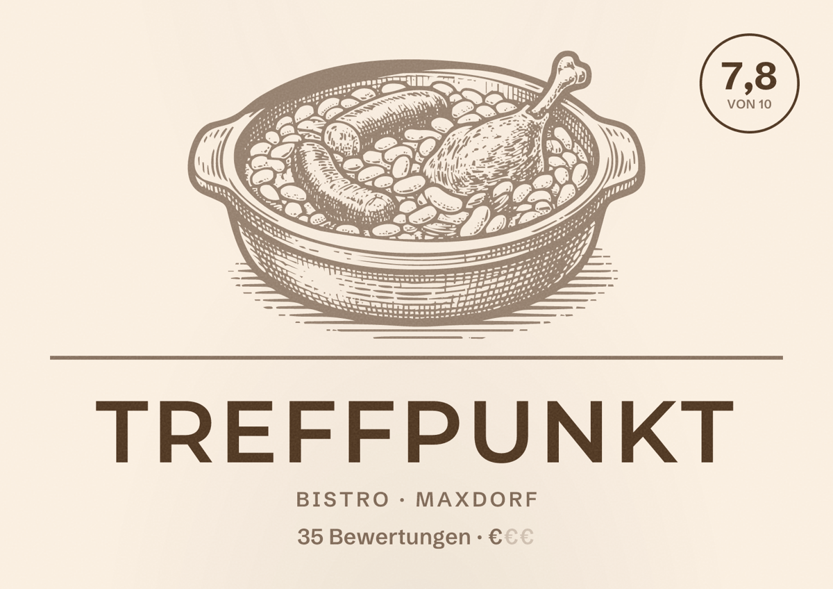 Illustriertes Poster von Treffpunkt, Bistro in Maxdorf: Bewertung 7,8 von 10 aus 35 Bewertungen, Preisniveau €