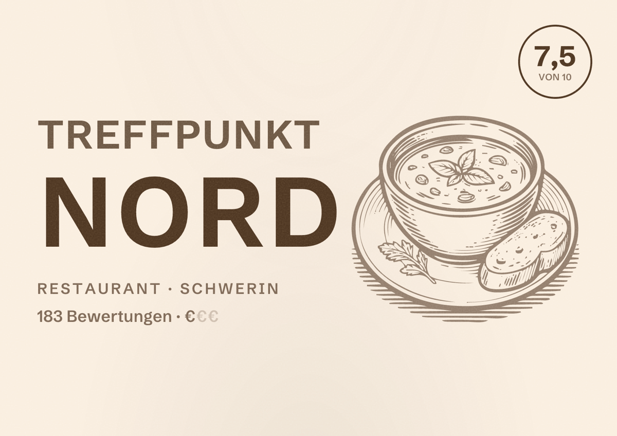 Illustriertes Poster von Treffpunkt Nord, Restaurant in Schwerin: Bewertung 7,5 von 10 aus 183 Bewertungen, Preisniveau €