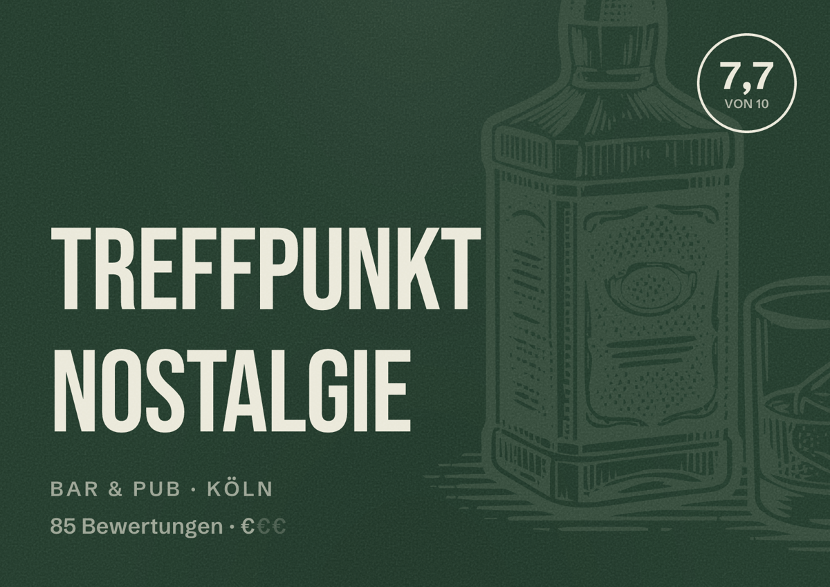 Illustriertes Poster von Treffpunkt Nostalgie, Bar & Pub in Köln: Bewertung 7,7 von 10 aus 85 Bewertungen, Preisniveau €