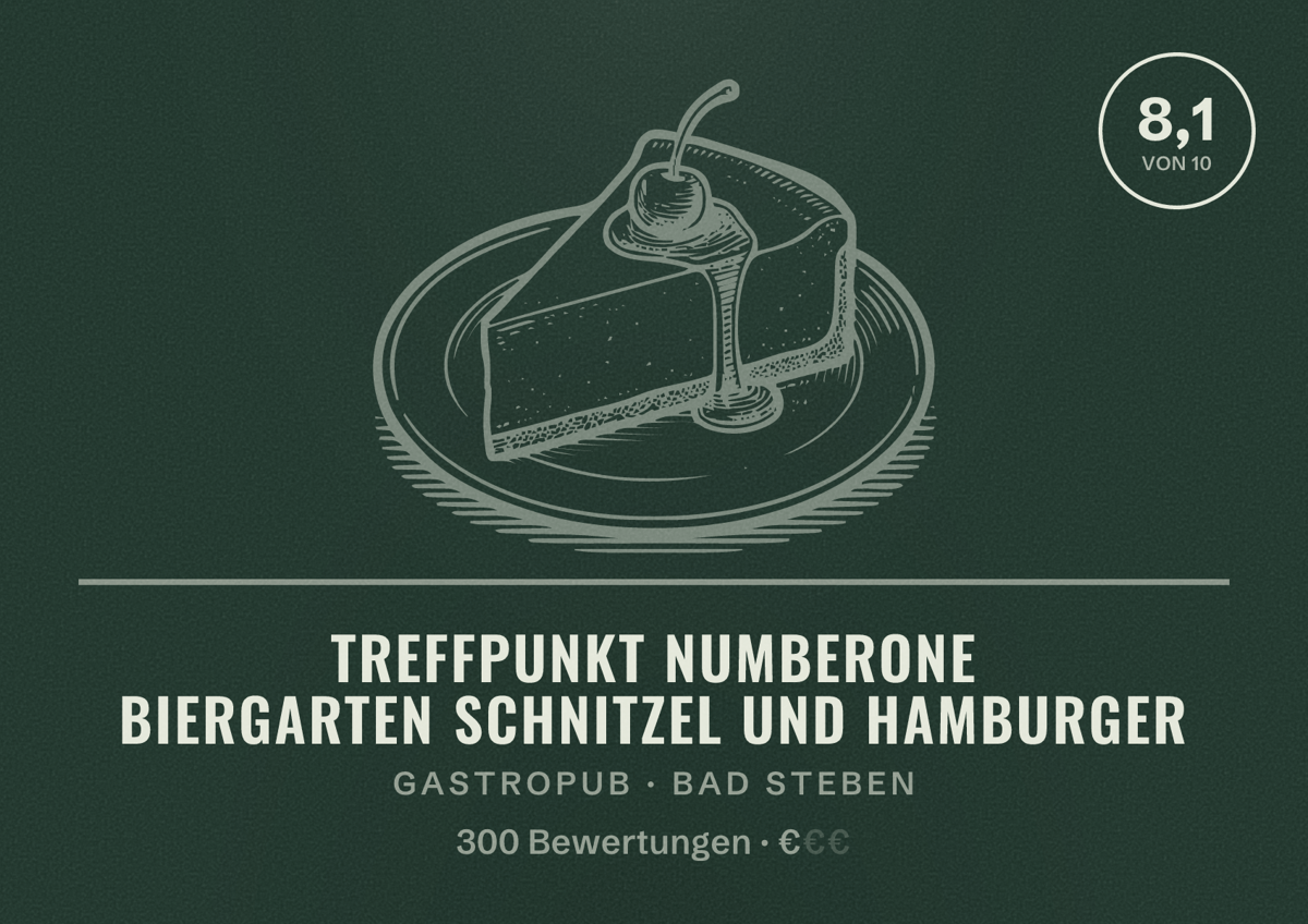 Illustriertes Poster von Treffpunkt NumberOne Biergarten Schnitzel und Hamburger, Gastropub in Bad Steben: Bewertung 8,1 von 10 aus 300 Bewertungen, Preisniveau €