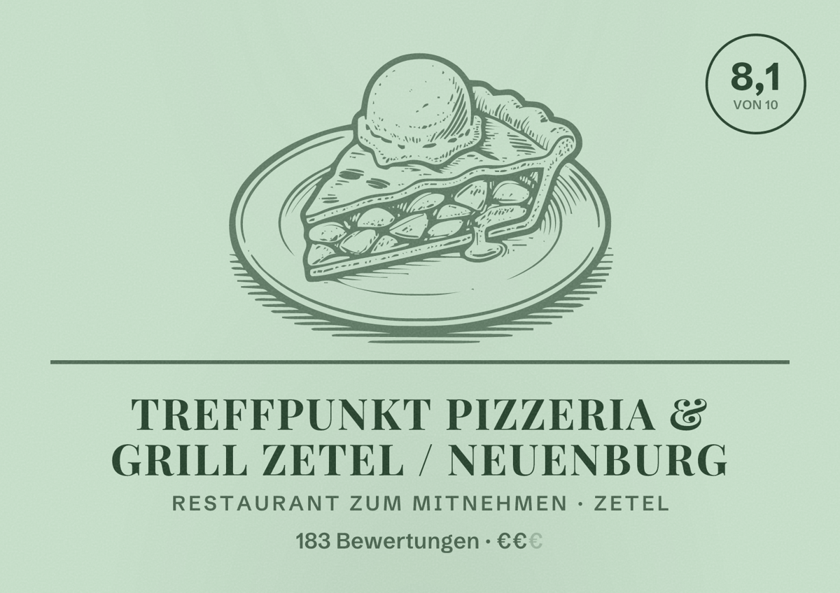 Illustriertes Poster von Treffpunkt Pizzeria & Grill Zetel / Neuenburg, Restaurant zum Mitnehmen in Zetel: Bewertung 8,1 von 10 aus 183 Bewertungen, Preisniveau €€